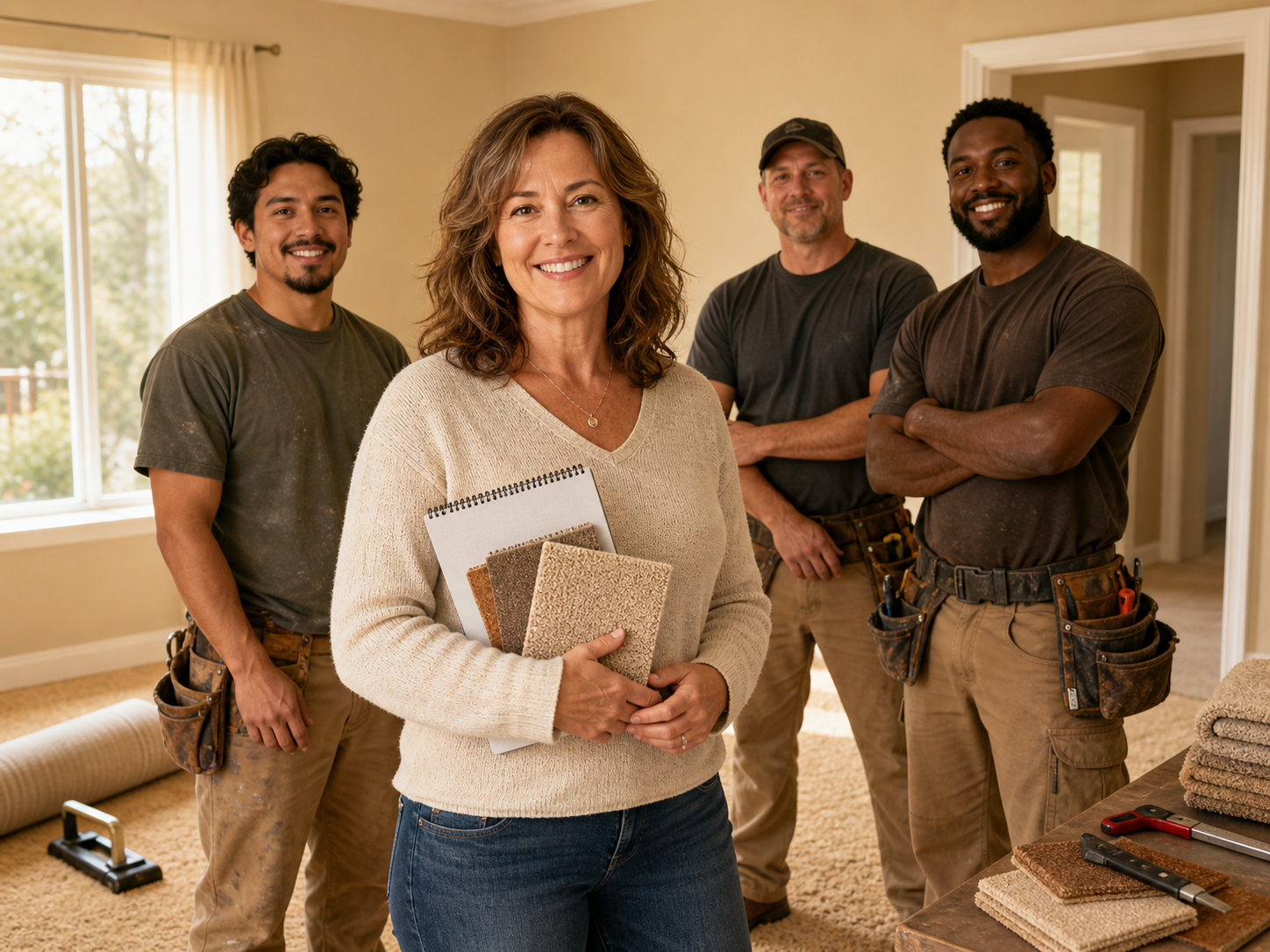 Amy with her carpet installation crew in a freshly carpeted Kenosha home