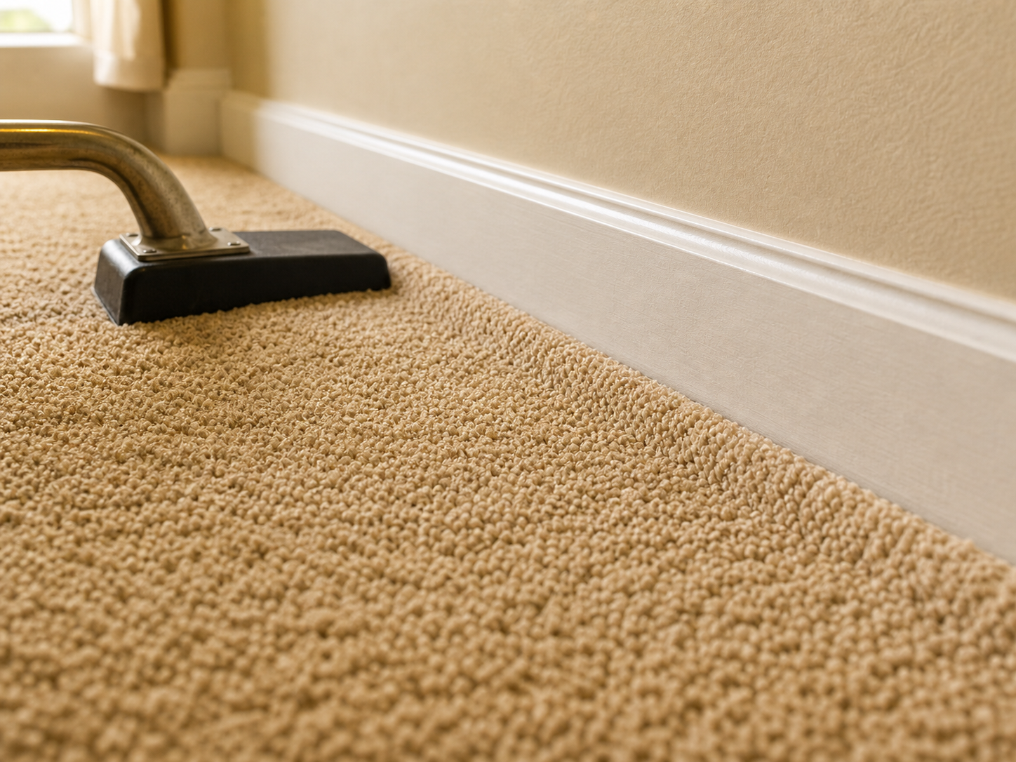 A clean carpet edge tucked against a baseboard after repair work