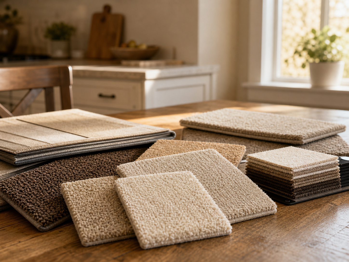 Carpet samples spread across a kitchen table during an in-home appointment