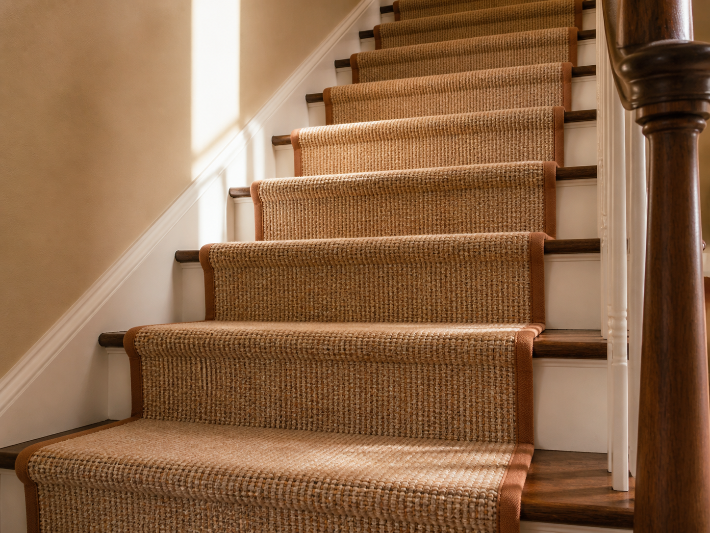 A freshly installed carpet runner on a warm residential staircase