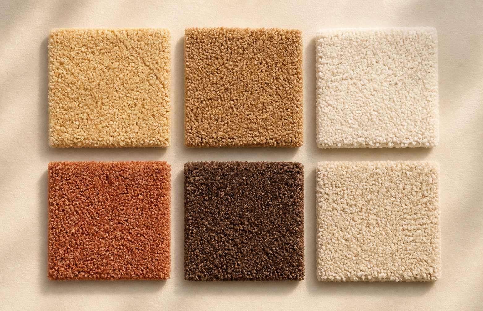 Warm carpet color swatches in wheat, camel, clay, cream, and espresso tones